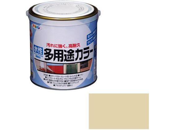 【商品説明】汚れにくく、耐久性が優れた高性能塗料です。強力防カビ剤を配合していますので、長期間カビの発生を防ぎます。サビドメ剤を配合していますので、サビの発生を防ぎます。いやな臭いのしない無臭タイプで、1回塗りで仕上がります。厚塗りしてもタレにくく、大変塗りやすい塗料です。コンクリート・ブロックなどの外壁や塀、トタン屋根、ドア・雨戸など屋内外の家具・木工品、フェンス・門・扉などの鉄部の塗装に。【仕様】●内容量：0．7L●カラー：ティントベージュ●重量：1100g●標準塗り回数：1回塗り●光沢：ツヤあり●塗膜の仕上がり：不透明（下地を隠す）●塗料タイプ：水性シリコンアクリルエマルション樹脂塗料●乾燥時間：夏期　30〜60分／冬期　2〜3時間●塗り面積：5．0〜6．6m2（タタミ3〜4枚分）【備考】※メーカーの都合により、パッケージ・仕様等は予告なく変更になる場合がございます。【検索用キーワード】アサヒペン　あさひぺん　asahipen　水性多用途カラー　水性　多用途カラー　すいせいたようとからー　スイセイタヨウトカラー　塗装用品　とそうようひん　屋内外　屋内外用　水性　1個　0．7L　0．7リットル　ティントベージュ　てぃんとべーじゅ　DIY　建築　コンクリート　ブロック　外壁　塀　トタン屋根　ドア　雨戸　屋内外の家具　木工品　フェンス　門　扉　鉄部の塗装　無臭タイプ　1回塗り　作業用品　金物　塗装内装　塗料　塗装　塗料　R797GZコストパフォーマンスに優れた水性多用途塗料。