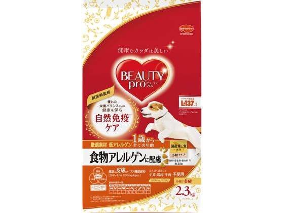 【商品説明】食物アレルギーに配慮し、国産米と魚を使用。DHA・EPA配合で健康を保ち、皮膚のバリア機能維持。【仕様】穀類（トウモロコシ、ライスブラン、米、コーングルテンミール、グルテンフィード）、魚介類（フィッシュミール、フィッシュエキスパウダー、マリンコラーゲン、小魚粉末（DHA、EPA／オメガ‐3脂肪酸源））、豆類（脱脂大豆、大豆粉末）、油脂類（動物性油脂、植物性油脂（オメガ‐6脂肪酸含む）、共役リノール酸）、ビール酵母（β‐グルカン源）、海藻粉末（DHA源）、糖類（オリゴ糖、エリスリトール）、カゼインホスホペプチド、果実類（クランベリーパウダー、ブルーベリーパウダー（アントシアニン源））、トマト（リコピン源）、L‐カルニチン、ミネラル類（カルシウム、リン、カリウム、クロライド、鉄、銅、マンガン、グルコン酸亜鉛、硫酸亜鉛、ヨウ素、コバルト）、ビタミン類（A、B2、B6、B12、D、E、パントテン酸、コリン）、バチルスサブチルス（活性菌）、酸化防止剤（ミックストコフェロール、ローズマリー抽出物）、アミノ酸類（アルギニン、タウリン、メチオニン）、グルコサミン、コンドロイチン、ヒアルロン酸【備考】※メーカーの都合により、パッケージ・仕様等は予告なく変更になる場合がございます。【検索用キーワード】にほんぺっとふーど　日本ペットフード　npf　nihon　petfood　ビューティプロドッグ食物アレルゲンに配慮1歳から　食物アレルゲンに配慮　食物アレルゲン　ビューティープロ　ビューティドッグ　ビューティードッグ　beauty　pro　ビューティプロドッグ　ビューティープロドッグ　ビューティープロD　全犬種用　成犬用　1歳以上　総合栄養食　小分け6袋　2．3kg　2300g　ドライフード　ペットフード　ドッグフード　ドックフード　エサ　餌　えさ　ペット　犬（ドッグ）　プレミアムフード（犬）　R436JF【成犬用　1歳から】2．3Kg