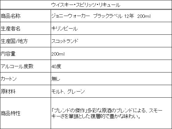 【レビュー投稿で100円OFFクーポン】キリンビール ジョニーウォーカー ブラックラベル 12年 200ml イギリス スコッチ ウイスキー 洋酒 お酒