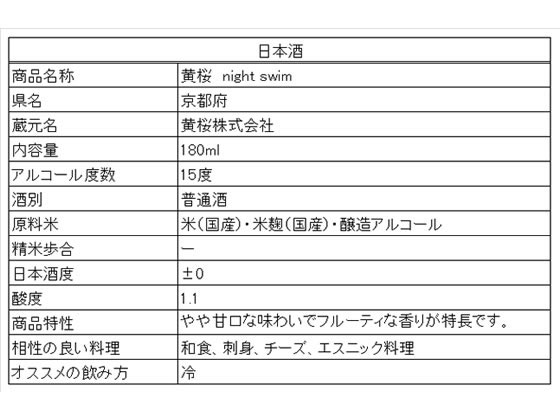 ココデカウの【レビュー投稿で100円OFFクーポン】黄桜 黄桜 night swim 15度 180ml 特別本醸造酒 本醸造酒 普通酒 清酒 日本酒 お酒｜アングル2