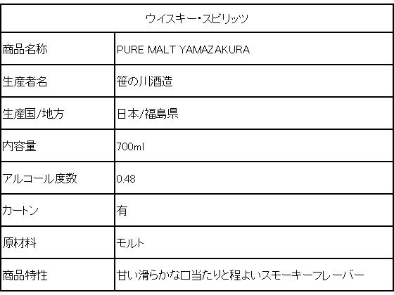 【ポイント2倍★19日20:00〜26日1:59迄】【お取り寄せ】笹の川酒造 PURE MALT YAMAZAKURA 700ml 48度 国産 ウイスキー 洋酒 お酒