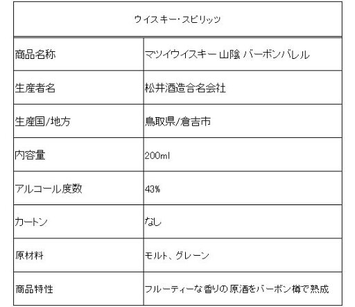 【レビュー投稿で100円OFFクーポン】【お取り寄せ】松井酒造 マツイウイスキー 山陰 バーボンバレル 200ml 43度 国産 ウイスキー 洋酒 お酒