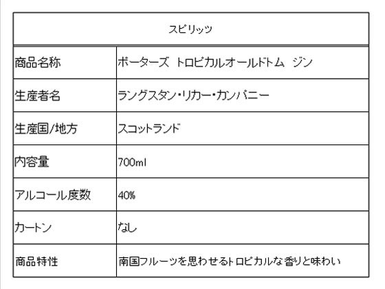 【レビュー投稿で100円OFFクーポン】東栄貿易 ポーターズ トロピカルオールドトム ジン 700ml 40度 輸入 ジン 洋酒 お酒