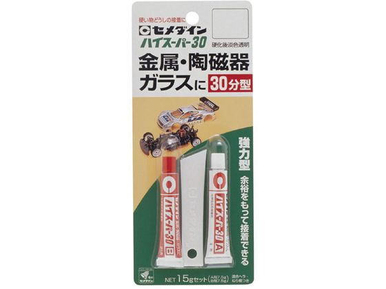 【商品説明】金属、陶磁器などの硬質素材の接着に最適。耐熱性、耐水性、耐薬品性に優れる。A液（主剤）をピンクに着色してあり、混合の目安として色が消えるため、大変便利です。混合して30分後から硬化が始まります。（23℃）【用途】日曜大工、プラモデルの制作、補修、金属模型の制作、補修、釣り具の制作、補修。【接着できるもの】金属、陶磁器、硬質プラスチック等。【仕様】●容量：15gセット●主成分：エポキシ樹脂●個装サイズ：18×87×205（mm）●個装重量：48g【備考】※メーカーの都合により、パッケージ・仕様等は予告なく変更になる場合がございます。【検索用キーワード】セメダイン　せめだいん　CEMEDINE　ハイスーパー30　はいすーぱー30　エポキシ系接着剤　接着剤　金属　陶磁器　硬質プラスチック　ガラス　日曜大工　プラモデル　金属模型　釣り具　CA−194　CA194　15gセット　作業用品　補修剤　補修ケミカル　R529JG金属、陶磁器などの硬質素材の接着に最適。