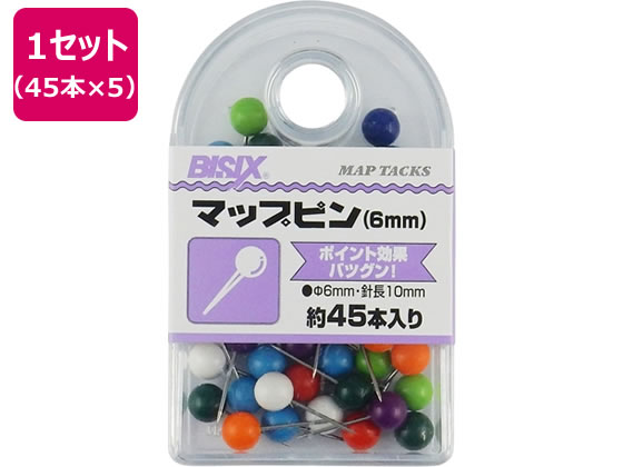 【お取り寄せ】ミツヤ マップピン 6mm 混 45本×5 BX1-MP6AS 画鋲 ピン フック 掲示物留め 吊下げ POP 掲示
