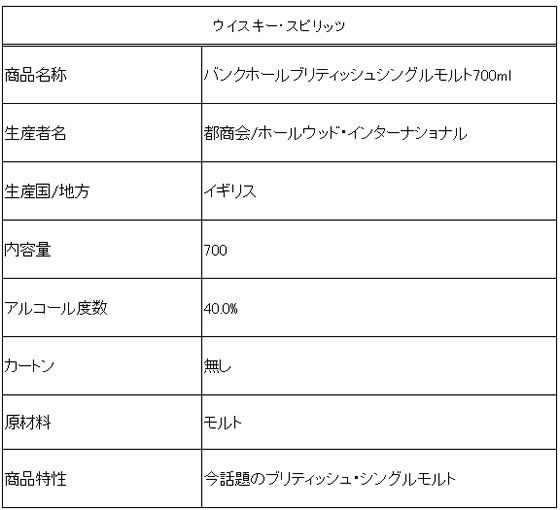 【レビュー投稿で100円OFFクーポン】【お取り寄せ】バンクホール ブリティッシュ シングルモルト 40度 700mL イギリス アイリッシュ ウイスキー 洋酒 お酒
