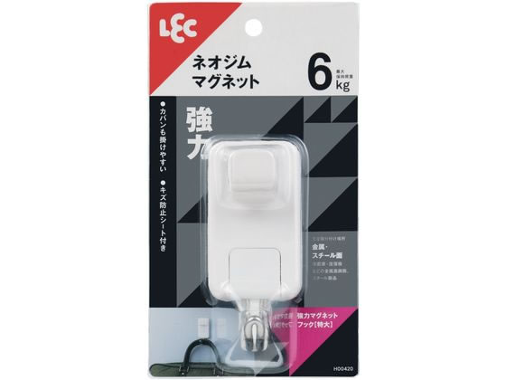 【商品説明】ネオジム磁石を使用した強力なフックです。カバンも掛けやすいフック形状です。キズ防止シート付きで設置面を守ります。簡単取り外し機能付きで、軽い力で取り外せます。【仕様】【取り付けられる所】冷蔵庫・洗濯機などの金属塗装面、スチール製品（レンジ台・キャビネット・机・パーテーションなど）※あらかじめ磁石が付くことを確認してください。【取り付けられない所】・キッチン・浴室などで特に水滴のつく所、水のかかる所・レンジ・ストーブなどで高温になる所・ステンレス、ホーロー流し台、タイル、木壁など鉄以外の面※ステンレス・ホーロー流し台にはマグネットの付くものもあります。【使用上の注意】・高荷重のため、掛けるものの落下による破損やケガにご注意ください。・万一の落下にそなえて貴重品やこわれやすいものを掛けたり付近に置かないでください。・火のそばで使用しないでください。・パソコンなどの電子機器・電子医療機器・時計・磁気テープなど磁気を嫌うものには近づけないでください。・強力磁石なので、開封時や取り付ける際には指などをはさまないようにご注意ください。・壁に汚れ・ホコリ・湿気・油分・ワックスなどがあると付きません。・荷重制限をお守りください。・マグネット裏面のキズズ防止シートをはがさないでください。・ロープを張るなど、斜め方向の荷重はお避けください。●本体サイズ：約45×42×100Hmm●内容量：1個●材質：支持部／ABS樹脂、フック／ステンレス鋼線、すべり止め／熱可塑性エラストマー●最大保持荷重：6kg※厚さ2mmの鉄板で使用した場合。取付面の厚みや表面状態など状況により変化します。●生産国：中国【備考】※メーカーの都合により、パッケージ・仕様等は予告なく変更になる場合がございます。【検索用キーワード】レック　れっく　LEC　強力マグネットフック　特大　1個入　ホワイト　キョウリョクマグネットフック　トクダイ　1コイリ　きょうりょくまぐねっとふっく　とくだい　1こいり　ほわいと　フック　マグネットフック　マグネット　ふっく　45×42×100Hmm　45×42×100mm　4．5×4．2×10Hcm　4．5×4．2×10cm　整理整頓　小物掛け　物掛け　H00420　ホワイト　シロ　WHITE　ほわいと　白　しろ　1個　1パック　留め・吊下げ用品　マグネット　R530KLカバンも掛けやすい！