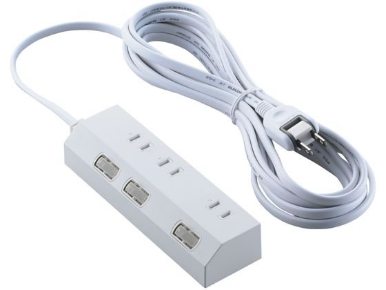 【商品説明】●個別スイッチで差込口ごとに、電源のON／OFFの切り替えができます。接続機器の電源がOFFの状態でも電力を消費する待機電力を削減し、電気代の節約に役立ちます。　●個別スイッチには、オレンジ色のネオン球を搭載。スイッチがONのときにオレンジ色に点灯するので、離れた場所からでも状態の確認ができます。【仕様】●差込口仕様：2ピン（極性のある2ピン式プラグも接続可能）　●差込口個数：3個口　●差込口間隔：57mm、35mm　●プラグ仕様：2ピン　●ACコード長：5m　●定格：125V、15A、1500Wまで　●極性対応：△（差込口は対応、プラグは目印のみ）　●スイッチ：○（個別スイッチ）　●雷ガード：○　●ホコリシャッター：○　●抜け止め機能：×　●差込口キャップ：×　●通電表示ランプ：○（個別スイッチ）　●二重構造：○　●二重被ふく：○　●絶縁キャップ付きプラグ：○　●スイングプラグ：○　●マグネット：○　●吊り穴：×　●ブレーカー：×　●ノイズフィルター：×　●モジュラージャック：×　●連動機能：×　●変換アダプター：×　●カラー：ホワイト　●材質：ABS樹脂、PVC樹脂、ユリア樹脂、黄銅、銅　●外形寸法：幅約168mm×奥行約50mm×高さ約32mm　※コード部分およびプラグ部分を除く　●質量：約535g　●付属品：取扱説明書　●使用可能地域：日本国内専用　●法規：◇PSE（特定電気用品）　●保証期間：1年間【備考】※メーカーの都合により、パッケージ・仕様等は予告なく変更になる場合がございます。【検索用キーワード】エレコム　ELECOM　えれこむ　T−IS01M−2350WH　電源タップ　延長コード　スイッチ　シャッター　雷　3個口　延長　コード　コンセントタップ　たこあしコンセント　電源コード　テーブルタップ　電源　タップ　3口　スイッチ付き　extension　cord　えんちようこーど　スイッチ　oaタップ　タコ足配線　ケーブルタップ　磁石　マグネット　5m　ホワイト　R654KUデスクやスチール家具など、好きな場所に強力磁石でタップを吸着！