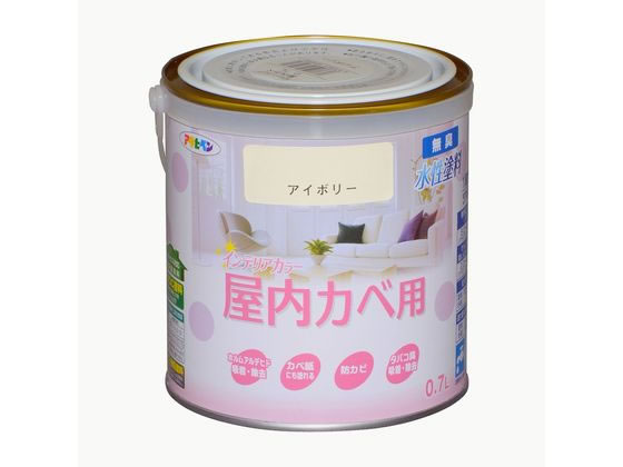 【商品説明】●カベ紙・ビニールカベ紙の上にも塗ることができます。●塗料に含まれるVOC（揮発性有機化合物）は0．1％以下であり、シックハウスの原因とされるホルムアルデヒドを吸着・除去する環境保護塗料です。●防カビ剤を配合、カビの発生を防ぎます。●塗膜に手あか・マジック・クレヨンなどの汚れが付着しても落とせます。●いやな臭いのしない無臭タイプで、1回塗りで仕上がります。【仕様】●内容量：0．7L●カラー：アイボリー●標準塗り回数：1回塗り●光沢：ツヤ消し●塗膜の仕上がり：不透明（下地を隠す）●塗料タイプ：水性アクリルエマルション樹脂塗料●乾燥時間：夏期　30〜60分／冬期　2〜3時間●塗り面積：5．0〜6．0m2　（タタミ3〜3．6枚分）【備考】※メーカーの都合により、パッケージ・仕様等は予告なく変更になる場合がございます。【検索用キーワード】アサヒペン　あさひぺん　ASAHIPEN　NEW水性インテリアカラー屋内カベ　0．7L　（アイボリー）　New水性インテリア屋内カベ　0．7L　アイボリー　R678KYカベ紙に塗れる安心・安全な塗料。