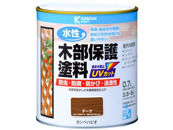 【商品説明】●木目をいかしたまま表面に塗膜を作らず着色するので、木材の持つ自然な風合いを引き立たせます。●木材保護成分も配合されているので防虫・防腐・防カビ・防藻・UVカット効果を発揮します。【仕様】●容量：0．7L●色：チーク●商品サイズ（幅×奥行×高さ）：114φ×121●商品重量（g）：923●乾燥時間：　約1時間（20℃）　約2時間（冬期）●重ね塗り時間：2時間以上（20℃）●塗り面積（m2）：約　3．5〜5●塗り重ね回数：2回【備考】※メーカーの都合により、パッケージ・仕様等は予告なく変更になる場合がございます。【検索用キーワード】カンペハピオ　かんぺはぴお　KanpeHapio　水性木部保護塗料チーク0．7L　カンペハピオ　水性木部保護塗料　チーク　0．7L　土木　建築資材　塗装　養生　内装用品　R368LD木目を生かした半透明カラー着色仕上げ。