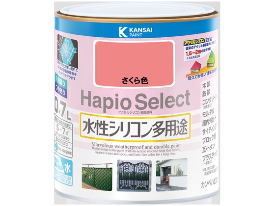 【商品説明】●高耐久アクリル・シリコン樹脂配合だから紫外線・排ガス・雪・酸性雨など外敵から建物を守り、長期間風合い・ツヤを保ちます。●臭いが少なく、乾燥も速く、使いやすい水性タイプ。※乾くと雨や水で流れ落ちる事はありません。●防カビ剤配合だから外壁・水まわりなどをカビの発生から守ります。●防サビ配合だから鉄部をサビの発生から守ります。【仕様】●容量：0．7L●色：さくら色●商品サイズ（幅×奥行×高さ）：119φ×121●商品重量（g）：1022●乾燥時間：約1時間（20℃）　約2時間（冬期）●重ね塗り時間：4時間以上（20℃）　6時間以上（冬期）●塗り面積（m2）：約　5〜7●塗り重ね回数：1回【備考】※メーカーの都合により、パッケージ・仕様等は予告なく変更になる場合がございます。【検索用キーワード】カンペハピオ　かんぺはぴお　KanpeHapio　ハピオセレクトさくら色0．7L　カンペハピオ　ハピオセレクト　さくら色　0．7L　土木　建築資材　塗装　養生　内装用品　R456LD紫外線・排ガス・雪・酸性雨など外敵から建物を守り、長期間風合い・ツヤを保ちます