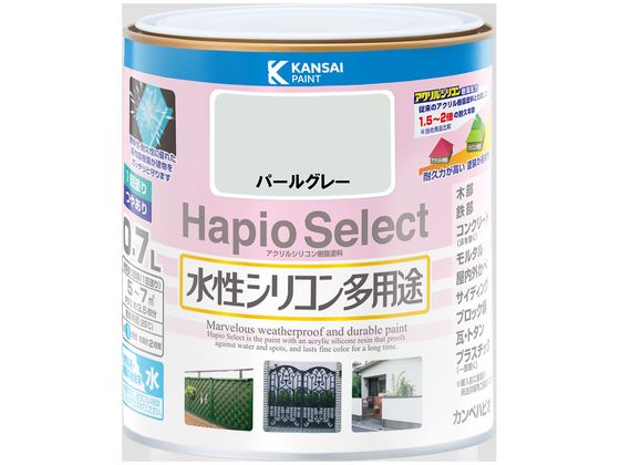 【商品説明】●高耐久アクリル・シリコン樹脂配合だから紫外線・排ガス・雪・酸性雨など外敵から建物を守り、長期間風合い・ツヤを保ちます。●臭いが少なく、乾燥も速く、使いやすい水性タイプ。※乾くと雨や水で流れ落ちる事はありません。●防カビ剤配合だから外壁・水まわりなどをカビの発生から守ります。●防サビ配合だから鉄部をサビの発生から守ります。【仕様】●容量：0．7L●色：パールグレー●商品サイズ（幅×奥行×高さ）：119φ×121●商品重量（g）：1086●乾燥時間：約1時間（20℃）　約2時間（冬期）●重ね塗り時間：4時間以上（20℃）　6時間以上（冬期）●塗り面積（m2）：約　5〜7●塗り重ね回数：1回【備考】※メーカーの都合により、パッケージ・仕様等は予告なく変更になる場合がございます。【検索用キーワード】カンペハピオ　かんぺはぴお　KanpeHapio　ハピオセレクトパールグレー0．7L　カンペハピオ　ハピオセレクト　パールグレー　0．7L　土木　建築資材　塗装　養生　内装用品　R461LD紫外線・排ガス・雪・酸性雨など外敵から建物を守り、長期間風合い・ツヤを保ちます