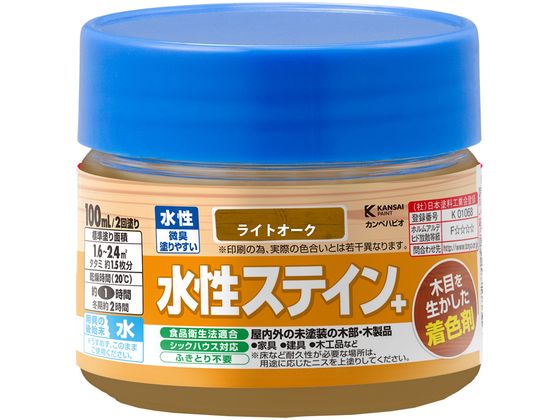 【商品説明】●木目をいかした、鮮やかな着色仕上げができます。着色力と耐久性に優れているので屋外でも使用できます。●臭いが少なく、使いやすい水性タイプ。※乾くと水で流れ落ちる事はありません。●シックハウスに対応したF☆☆☆☆及び食品衛生法に適合した安全性の高い二スです。【仕様】●容量：100ml●色：ライトオーク●商品サイズ（幅×奥行×高さ）：65φ×55●商品重量（g）：132●乾燥時間：約1時間（20℃）　約2時間（冬期）●重ね塗り時間：4時間以上（20℃）　8時間以上（冬期）●塗り面積（m2）：約　1．6〜2．4●塗り重ね回数：2回【備考】※メーカーの都合により、パッケージ・仕様等は予告なく変更になる場合がございます。【検索用キーワード】カンペハピオ　かんぺはぴお　KanpeHapio　水性ステイン＋ライトオーク100ml　カンペハピオ　水性ステイン＋　ライトオーク　100ml　土木　建築資材　塗装　養生　内装用品　R686LD木目をいかした、鮮やかな着色仕上げができます