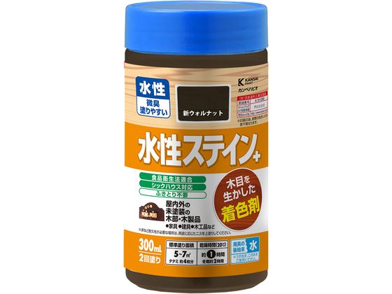 【商品説明】●木目をいかした、鮮やかな着色仕上げができます。着色力と耐久性に優れているので屋外でも使用できます。●臭いが少なく、使いやすい水性タイプ。※乾くと水で流れ落ちる事はありません。●シックハウスに対応したF☆☆☆☆及び食品衛生法に適合した安全性の高い二スです。【仕様】●容量：300ml●色：新ウォルナット●商品サイズ（幅×奥行×高さ）：65φ×130●商品重量（g）：350●乾燥時間：約1時間（20℃）　約2時間（冬期）●重ね塗り時間：4時間以上（20℃）　8時間以上（冬期）●塗り面積（m2）：約　5〜7●塗り重ね回数：2回【備考】※メーカーの都合により、パッケージ・仕様等は予告なく変更になる場合がございます。【検索用キーワード】カンペハピオ　かんぺはぴお　KanpeHapio　水性ステイン＋新ウォルナット300ml　カンペハピオ　水性ステイン＋　新ウォルナット　300ml　土木　建築資材　塗装　養生　内装用品　R690LD木目をいかした、鮮やかな着色仕上げができます