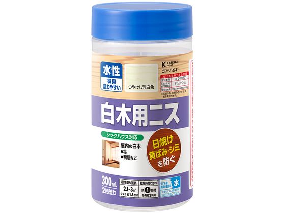 【商品説明】●紫外線をカットし、白木の日焼けや黄ばみを長期間防止します。手あかや汚れも中性洗剤で簡単に拭き取れます。●ニス独特の厚みや光沢がなく、落ち着いたつやけし乳白色に仕上がります。●臭いが少なく、乾燥も速く、使いやすい水性タイプ。※乾くと水で流れ落ちる事はありません。●シックハウスに対応したF☆☆☆☆に適合した安全性の高い二スです。【仕様】●容量：300ml●色：つやけしとうめい●商品サイズ（幅×奥行×高さ）：65φ×130●商品重量（g）：340●乾燥時間：約1時間（20℃）　約2時間（冬期）●重ね塗り時間：2時間以上（20℃）　4時間以上（冬期）●塗り面積（m2）：約　2．1〜3●塗り重ね回数：2回【備考】※メーカーの都合により、パッケージ・仕様等は予告なく変更になる場合がございます。【検索用キーワード】カンペハピオ　かんぺはぴお　KanpeHapio　水性白木用ニスAつやけしとうめい300ml　カンペハピオ　水性白木用ニスA　つやけしとうめい　300ml　土木　建築資材　塗装　養生　内装用品　R701LD紫外線をカットし、白木の日焼けや黄ばみを長期間防止します