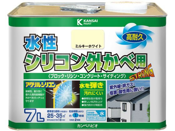 【商品説明】●高耐久アクリル・シリコン樹脂配合だから紫外線・排ガス・雪・酸性雨など外敵から建物を守り、長期間風合い・ツヤを保ちます。●臭いが少なく、乾燥も速く、使いやすい水性タイプ。※乾くと雨や水で流れ落ちる事はありません。●防カビ剤配合だからをカビの発生から守ります。【仕様】●容量：7L●色：ミルキーホワイト●商品サイズ（幅×奥行×高さ）：238×238×174●商品重量（g）：9240●乾燥時間：約1時間（20℃）　約2時間（冬期）●重ね塗り時間：4時間以上（20℃）　6時間以上（冬期）●塗り面積（m2）：約　25〜35●塗り重ね回数：2回【備考】※メーカーの都合により、パッケージ・仕様等は予告なく変更になる場合がございます。【検索用キーワード】カンペハピオ　かんぺはぴお　KanpeHapio　水性シリコン外かべ用ミルキーホワイト7L　カンペハピオ　水性シリコン外かべ用　ミルキーホワイト　7L　土木　建築資材　塗装　養生　内装用品　R737LD紫外線・排ガス・雪・酸性雨など外敵から建物を守り、長期間風合い・ツヤを保ちます