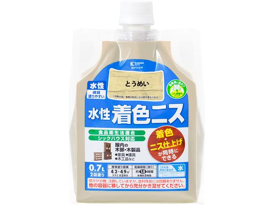 【商品説明】●木目を生かした着色と美しいツヤの二ス仕上げが同時にできます。●臭いが少なく、乾燥も速く、使いやすい水性タイプ。※乾くと水で流れ落ちる事はありません。●シックハウスに対応したF☆☆☆☆及び食品衛生法に適合した安全性の高い二スです。【仕様】●容量：0．7L●色：とうめい●商品サイズ（幅×奥行×高さ）：125×60×180●商品重量（g）：722●乾燥時間：約1時間30分（20℃）　約3時間（冬期）●重ね塗り時間：約3時間以上（20℃）　約6時間以上（冬期）●塗り面積（m2）：約　4．2〜4．9●塗り重ね回数：2回【備考】※メーカーの都合により、パッケージ・仕様等は予告なく変更になる場合がございます。【検索用キーワード】カンペハピオ　かんぺはぴお　KanpeHapio　水性着色ニスとうめい0．7L　カンペハピオ　水性着色ニス　とうめい　0．7L　土木　建築資材　塗装　養生　内装用品　R786LD木目を生かした着色と美しいツヤの二ス仕上げが同時にできます。