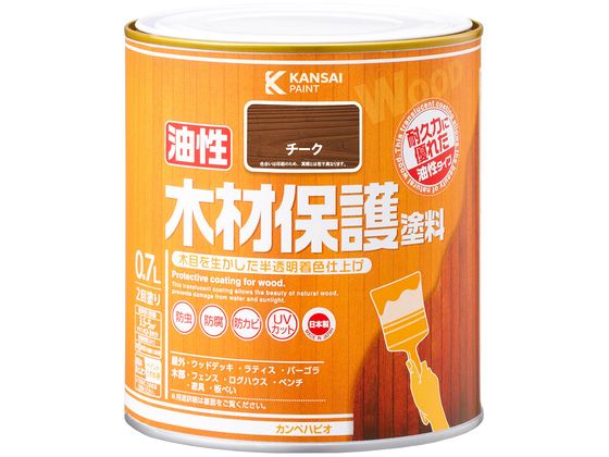 【商品説明】●木目をいかしたまま表面に塗膜を作らず着色するので、木材の持つ自然な風合いを引き立たせます。●木材保護成分も配合されているので防虫・防腐・防カビ・防藻・UVカット効果を発揮します。●浸透性に優れ、耐久力が高い油性タイプ。保護効果が高いので傷みやすいウッドデッキや木製外壁などに適しています。【塗れるもの】●ウッドデッキ・ラティス【仕様】●容量：0．7L●色：チーク●商品サイズ（幅×奥行×高さ）：119φ×121●商品重量（g）：809●乾燥時間：　約8時間（20℃）　約12時間（冬期）●重ね塗り時間：2時間以上（20℃）●塗り面積（m2）：約　3．5〜5●塗り重ね回数：2回【備考】※メーカーの都合により、パッケージ・仕様等は予告なく変更になる場合がございます。【検索用キーワード】カンペハピオ　かんぺはぴお　KanpeHapio　油性木材保護塗料チーク0．7L　カンペハピオ　油性木材保護塗料　チーク　0．7L　土木　建築資材　塗装　養生　内装用品　R964LD木目を生かして塗膜を作らず着色するので、木材の持つ自然な風合いを引き立たせます