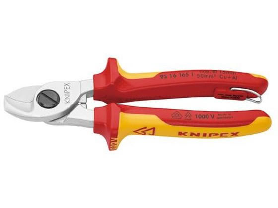 【仕様】●メーカー：KNIPEX（クニペックス）●型番：9516165T●全長（mm）：165●切断能力（mm）：銅線：φ15mm（50mm2）●ハンドル仕様：コンフォート（1000V絶縁）（VDE絶縁テスト済み）●仕上げ：クロムメッキ●重量：256g●鍛造により大変頑丈です。●材質はオイル焼き入れ焼き戻し処理済みの高級特殊工具鋼。●DINEN／IEC60900基準に適合。●二種類の素材から成る1000V絶縁ハンドルは赤と黄のツートンカラーを採用することで、非絶縁ツールとの差別化を図っています。●単線および多芯の銅・アルミニウムケーブルを切断します。●ブレードは精密に研磨され、焼き入れ処理が施されています。●ケーブルを変形させず、綺麗に切断することができます。●片手で簡単に作業できます。●ハンドルはつば付きで、しっかり握ることができます。●挟み込み防止により、指が挟まれるのを防ぎます。●調整可能なねじ式ジョイント、自動ロック機構。●滑り落ち防止を取り付けるための一体型絶縁固定留め輪付き。●銅・アルミケーブル用（スチールワイヤーの切断はできません）【備考】※メーカーの都合により、パッケージ・仕様等は予告なく変更になる場合がございます。【検索用キーワード】エスコ　ESCO　えすこ　EA585KB−15　EA585KB15　φ15mm　165mmケーブルカッター　絶縁　落下防止　作業用品・工具　防爆・絶縁工具　R567LEスプリングを開くとバネの力で刃が自動的に開き、片手での連続作業が可能になります