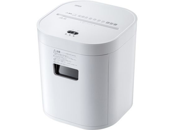 【商品説明】コンパクトな電動シュレッダーで、50dBの超静音仕様です。デスク下にも置ける小型サイズで、ホッチキス10号針付き用紙を最大4枚まで細断できます。2×10mmのマイクロカットでカードも細断可能です。約12Lのダストボックスは透明窓付きで残量確認が簡単です。安全設計と自動運転機能で安心して使用できます。【仕様】●対応用紙サイズ：A4コピー用紙　●　投入幅：220mm　●　細断枚数：用紙4枚、カード1枚（10号針以下のホッチキス針付き用紙も細断可能）　●　細断形状：マイクロカット　●　細断速度：1．8m／分　●　細断サイズ：2×10mm　●　ダストボックス容量：12L　●　電源：AC100V　50／60Hz　●　連続使用時間：約5分（50分休止後再運転可）　●　騒音：50dB　●　細断可能なもの：コピー用紙、カード、ホッチキス　●　消費電力：150W　●　製品サイズ：W310×D310×H360mm　●　重量：約5．8kg【備考】※メーカーの都合により、パッケージ・仕様等は予告なく変更になる場合がございます。【検索用キーワード】サンワサプライ　さんわさぷらい　sanwa　supply　PSD−MC001W　PSDMC001W　電動シュレッダー　シュレッダー　しゅれっだー　パーソナルシュレッダー　コンパクトシュレッダー　静音シュレッダー　静音　静か　超静音　コンパクト　電動マイクロカット　マイクロ　マイクロカット　2×10mm　A4　A4コピー用紙　4枚　カード　連続5分　容量12L　12L　ホッチキス対応　ホワイト　白　しろ　シロ　セキュリティ　情報漏洩防止　個人情報保護　事務機器　事務用品　事務　事務用　オフィス　オフィス用品　オフィス機器　R262MG超静音仕様でコンパクトサイズのマイクロカットシュレッダー。