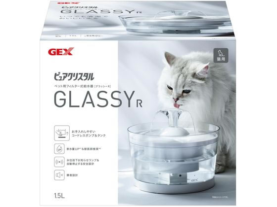 【商品説明】たっぷり飲める大容量！いつでも清潔で美味しいお水が飲めます【仕様】●材質：本体／AS・ABS、フィルター／PP・イオン交換樹脂・活性炭●商品サイズ：本体／約　幅23．0×奥行23．0×高さ14．5cm（アタッチメント除く）、コード長／約1．5m（本体からの長さ）●セット内容：●最大水容量：約1．5L●アダプダー使用時の消費電力：AC100V　2．3W●定格電圧／電流／消費電力：DC5V．5A　2．0W●流量：2．0L／分●使用アダプター（別売）：USBアダプターG−1A　入力／AC100V　出力／DC5V　1A【備考】※メーカーの都合により、パッケージ・仕様等は予告なく変更になる場合がございます。【検索用キーワード】じぇっくす　ジェックス　GEX　ピュアクリスタル　グラッシーR　1．5L　猫用　給水器　ファンネル　ねこ用　ネコ用　静音　お手入れ簡単　ペット用品　お散歩・生活グッズ・ペットハウス　猫（キャット）用　R907MMいつでも清潔でおいしい水を！