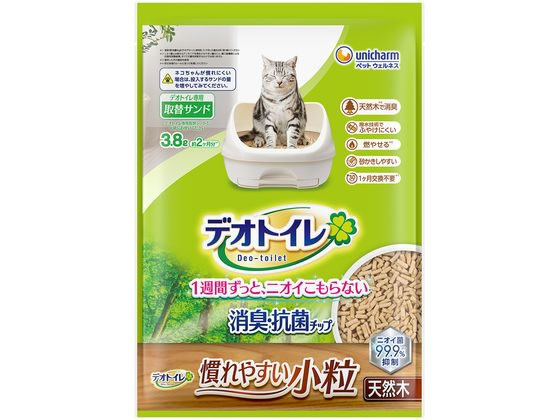 【商品説明】天然木タイプのデオトイレ専用消臭・抗菌取替小粒チップです。【仕様】木材、撥水剤【備考】※メーカーの都合により、パッケージ・仕様等は予告なく変更になる場合がございます。【検索用キーワード】ゆにちゃーむ　デオトイレ消臭・抗菌チップ天然木　慣れやすい小粒　3．8L　デオトイレ　全年齢　3．8L　ペット用品　トイレタリー　猫（キャット）用　R869MN1週間ずっと、ニオイこもらない