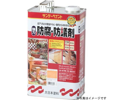 【商品説明】木材に深く浸透して内部から白アリ防除・防虫・防かび・防腐効果を発揮します。浸透性と薬剤効果により白アリ、キクイ虫、かび、腐敗から木材を護ります。各種木部用塗料の下塗りとして使用できます。安全性が高く作業性に優れています。【仕様】●商品サイズ：縦105×横285×高さ170（mm）　●容量：3400ml　●色：トウメイ【備考】※メーカーの都合により、パッケージ・仕様等は予告なく変更になる場合がございます。【検索用キーワード】サンデーペイント　強力防腐防蟻剤　透明　3400ml　＃265626　R333MP白アリなどの害虫やかび・腐朽から護る。