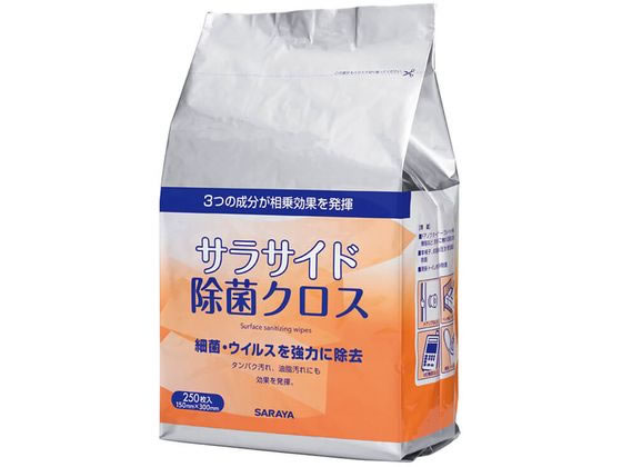 【商品説明】製品特長・優れた除菌効果第四級アンモニウム、エタノール、アルカリ剤の3つの成分が相乗作用を発揮し、優れた除菌効果を発揮します。簡単手間なし・クロスに薬液を含浸させているので、液を調製する手間が省けます。衛生的な使い捨てタイプ・クロスは使い捨てのため雑巾の管理等の必要がなく、いつも衛生的にご使用いただけます。【仕様】●枚数：250枚本商品は、人体には使用できません。手や口への使用はお控えください。【用途】ドアノブ・ベッド柵・オーバーテーブル・ME機器など、手が頻繁に触れる部位や、便座・トイレまわりの除菌に。【使用方法】バケツのフタを外し、付属のキャップを付け替えてください。開封位置をハサミで切ってください。クロスを中央から取り出します。クロスの先端をキャップ中央の穴に通し、バケツのフタの切り欠きを取っ手に合わせて閉めてください。取り出し口から出ているクロスの先端を指でつまみ引き上げます。【成分】　第四級アンモニウム塩、エタノール、アルカリ剤、pH調整剤。【使用上の注意　】乾燥を防ぐために使用後はフタをしっかりと閉めて下さい。材質、塗装の種類によっては表面が変色、変質することがありますので、目立たない部分で試してから使用してください。機器などに使用のときは機器付属の「取扱説明書」をご覧ください。目、顔など人体や食器、食品には使用しないでください。水に溶けませんので、トイレに流さないでください。用途以外に使用しないでください。使用時には手袋を着用し、目に入らないように注意してください。使用している不織布の性質上、経時的に不織布が変色することがありますが、使用上問題ありません。【備考】※メーカーの都合により、パッケージ・仕様等は予告なく変更になる場合がございます。【検索用キーワード】サラヤ　SARAYA　サラサイド　除菌クロス　詰替　250枚　除菌　除菌シート　使い捨て　除菌シート詰替　除菌クロス詰替　除菌シート250枚　除菌クロス250枚　第四級アンモニウム　エタノール　アルカリ剤　除菌シート使い捨て　除菌クロス使い捨て　除菌シート詰め替え　除菌クロス詰め替え　感染予防　個人防護具　＞　ウェア類　感染予防　個人防護具　＞　ウェア類　R433MY細菌・ウイルスを強力に除去。