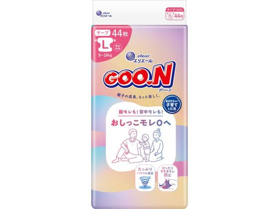 【商品説明】ママパパをサポート！子育て先まわり設計「おしっこモレ0へ」。背中と足まわりのギャザーがぴったりフィットしてすきまモレ防止。進化した吸収体がたっぷりのおしっこもパワフル吸収。全面通気シートでずっとムレ安心。【仕様】●Lサイズ●注文単位：1パック（44枚）【備考】※メーカーの都合により、パッケージ・仕様等は予告なく変更になる場合がございます。【検索用キーワード】グーン　おしっこモレ0へ　Lサイズ　44枚　大王製紙　だいおうせいし　ダイオウセイシ　daio　paper　大王製紙　グーン　おむつ　赤ちゃん　ベビー　おしっこモレ　股モレ　背中モレ　保湿成分　通気性　肌に優しい　Lサイズ　ベビーケア　オムツ、おしりふき　R754NF紙オムツ　おむつ　股モレも！背中モレも！おしっこモレ0へ