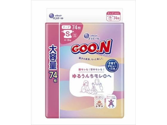 【商品説明】ママパパをサポート！子育て先まわり設計「ゆるうんちモレ0へ」。表面のぽこぽこでゆるうんちをキャッチ！背中や足まわりからモレにくい。背中と足まわりのギャザーがぴったりフィットしてすきまモレ防止。進化した吸収体がたっぷりのゆるうんちやおしっこもパワフル吸収。おむつ替えらくらく装着ガイドつきで初めてでもつけやすい。全面通気シートでずっとムレ安心。【仕様】●Sサイズ●注文単位：1パック（74枚）【備考】※メーカーの都合により、パッケージ・仕様等は予告なく変更になる場合がございます。【検索用キーワード】グーン　ゆるうんちモレ0へ　Sサイズ　74枚　大王製紙　だいおうせいし　ダイオウセイシ　daio　paper　大王製紙　グーン　おむつ　赤ちゃん　ベビー　おしっこモレ　股モレ　背中モレ　保湿成分　通気性　肌に優しい　Sサイズ　ベビーケア　オムツ、おしりふき　R758NF股モレも！背中モレも！ゆるうんちモレ0へ