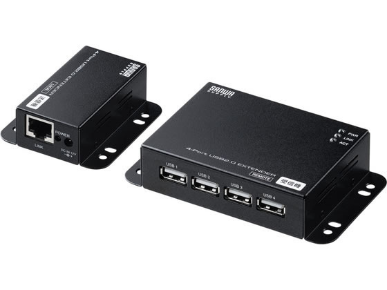 【商品説明】パソコンとUSB機器を最大50mまで延長できるUSB2．0エクステンダーです。4ポートハブを搭載し、最大4台のUSBデバイスを同時に接続可能です。送信機と受信機をLANケーブル1本で接続するため取り回しが良く、離れた場所のカメラやプリンターなどの接続に便利です。プラグアンドプレイ対応で設定不要、壁固定やDINレール設置にも対応しています。【仕様】●インターフェース規格：USB2．0準拠（USB1．1上位互換）　●通信速度：480Mbps、12Mbps、1．5Mbps　●コネクタ形状：【PC接続側】USB　Type−A　【送信機】USB　Bメス×1、RJ−45メス×1　【受信機】RJ−45メス×1、USB　Aメス×4　●延長距離：最大50m　●対応LANケーブル：CAT6A／CAT6／CAT5e／CAT5ストレート　●電源：セルフパワー（ACアダプタ付属）　●動作環境：温度0〜40℃、湿度80％以下（結露なきこと）　●保管環境：温度−20〜60℃、湿度80％以下（結露なきこと）　●セット内容：送信機、受信機、ACアダプタ、USBケーブル、取付用ネジ一式、DINレール金具、取扱説明書・保証書　●サイズ：送信機／W67×D60×H24mm、受信機／W111×D63×H24mm　●重量：送信機／約90g、受信機／約168g【備考】※メーカーの都合により、パッケージ・仕様等は予告なく変更になる場合がございます。【検索用キーワード】サンワサプライ　さんわさぷらい　sanwa　supply　USB−EXSET6　USB2．0エクステンダー　50m延長　4ポート　480Mbps　最大4台接続　ACアダプタ付属　DINレール　壁固定可能　ACアダプタの抜け止めキット付き　ケーブル・電源タップ・配線パーツ　USBケーブル　R526NHUSB2．0信号を最大50mまで延長できる。USB　A　4ポートハブ付き。