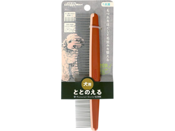 【商品説明】目の粗い側でほぐして目の細かい側で揃える2ウェイコーム。ステンレスピンには先丸加工を施し、毛並みに入り込みやすく、毛肌にやさしい。金属部分はサビに強いステンレス製。グリップはラバーコーティングをし、持ちやすい。【仕様】●材質／ABS樹脂・合成ゴム・ステンレス●商品使用時サイズ／幅35×高さ175×奥行7mm、重量30g【備考】※メーカーの都合により、パッケージ・仕様等は予告なく変更になる場合がございます。【検索用キーワード】どぎーまん　ドギーマン　doggyman　DoggyMan　doggy　Doggy　Natural　Style　forDog　両目グシ　ペット用品　ケア用品　犬（ドッグ）用　R067NN粗めと細め、二つのクシがひとつになった使いやすいくし。