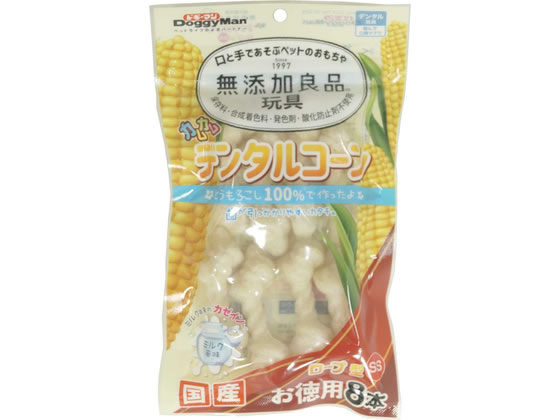 【商品説明】とうもろこしを主原料に、ほんのり甘いミルクの味わいをプラス。遊びながらガジガジ噛むことで歯と歯茎を鍛えるデンタル玩具です。歯が引っかかりやすいカタチ。保存料、合成着色料、発色剤、酸化防止剤　不使用【仕様】●原材料／コーンスターチ・カゼイン・グリセリン・ゼラチン・香料●商品使用時サイズ／約幅28×高さ80×奥行25mm●適応種／超小型犬●注文単位：1パック（8本）【備考】※メーカーの都合により、パッケージ・仕様等は予告なく変更になる場合がございます。【検索用キーワード】どぎーまん　ドギーマン　doggyman　DoggyMan　doggy　Doggy　無添加良品　カムカムデンタルコーン　ロープ型　SS　ミルク　お徳用8本　超小型犬　SS　ペット用品　お散歩・生活グッズ・ペットハウス　犬（ドッグ）用　R129NN口と手で遊ぶペットのおもちゃ！