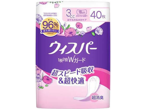 【商品説明】新たに超安心ゾーンを追加した新ウィスパーうすさら安心なら、さっと吸収して横もれを防ぐから、超安心。もちろん中和消臭で気になる匂いも安心！ウィスパー独自の薄いパッドで、まるで何もつけていないような着け心地。【仕様】●内容量：40枚入●成分：表面材：ポリエチレン／ポリエステル不織布（色調：白／紫）●生産国：日本【備考】※メーカーの都合により、パッケージ・仕様等は予告なく変更になる場合がございます。【検索用キーワード】ウィスパー　1枚2役Wガード　3cc　さわやかな香り　40枚入　P＆Gジャパン　ピーアンドジージャパン　ぴーあんどじーじゃぱん　ピーアンドジー　ぴーあんどじー　P＆G　ウィスパー　おりもの　尿もれ　軽失禁　さわやか　スリム　消臭　横モレ　快適　メディカル用品　生理用品　R065NPつけていないような着け心地