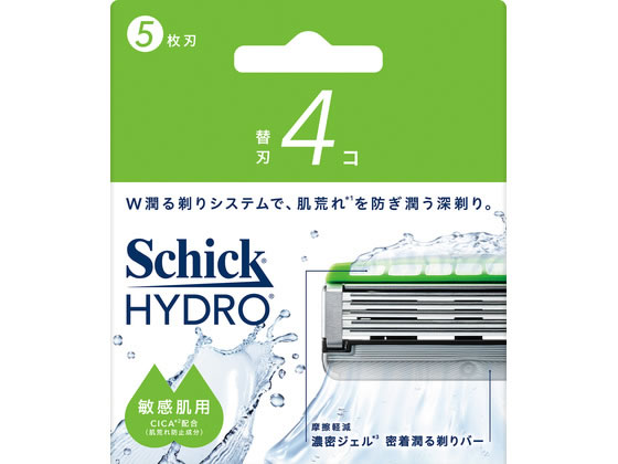 【商品説明】●肌荒れを防ぎやさしく潤う深剃り。●W潤る剃りシステム。●濃密ジェル（ヒアルロン酸）・セラミド・CICA）…肌への摩擦を40％軽減。●密着潤る剃りバー●なめらかな深剃りを叶える…多層ナノコーティング。●潤滑剤91％UP。●ヒリつきから肌を守る…スキンガード付き5枚刃。●鼻下などキワを剃りやすい可動式トリマーヘッド。●皮膚刺激性テスト済み。（全ての方に皮膚刺激が発生しないということではありません。）【仕様】●注文単位：1パック（4個）生産国：アメリカ合衆国商品区分：化粧品メーカー：シック・ジャパン株式会社広告文責：フォーレスト株式会社　0120-40-4016【備考】※メーカーの都合により、パッケージ・仕様等は予告なく変更になる場合がございます。【検索用キーワード】シック・ジャパン　しっくじゃぱん　シック・ジャパン　Schick　Japan　ハイドロ敏感肌替刃　はいどろびんかんはだかえば　ハイドロ敏感肌替刃　Hydro　シック　Schick　カミソリ替刃　髭剃り替刃　ハイドロ5　Hydro5　ハイドロ5本体対応　4枚入　4個入　手動式　マニュアル　水洗いOK　丸洗い可　敏感肌用　5枚刃　深剃り　ハイドロシリーズ対応　理美容・セルフケア・健康家電　シェーバー・バリカン　R299NPやさしく深剃り。W潤る剃りシステムで、肌荒れを防ぎ潤う深剃り。敏感肌用。