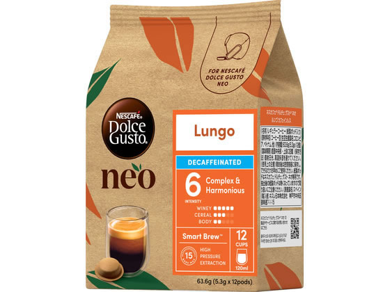 【商品説明】複雑ながらもバランスのとれた味わいが詰まったミディアムローストのコーヒーに、濃密なクレマが浮かぶ一杯です。カフェインが気になる夕方のリラックスタイムにも。なめらかな口当たりとまろやかなコクをお楽しみください。【仕様】●注文単位：1袋（12杯分）【備考】※メーカーの都合により、パッケージ・仕様等は予告なく変更になる場合がございます。【検索用キーワード】ネスレ日本　Nestle　ネスカフェ　Nescafe　ドルチェグスト　ドルチェ　グスト　ネオ　ルンゴ　カフェインレス　カフェインレ　デカフェ　ミディアムロースト　コーヒー　クレマ　リラックス　夕方　まろやか　なめらか　1袋　12杯　コーヒー　カプセル・ポーション　R899NSバランスのとれた奥行きがある味わいを、カフェインレスで