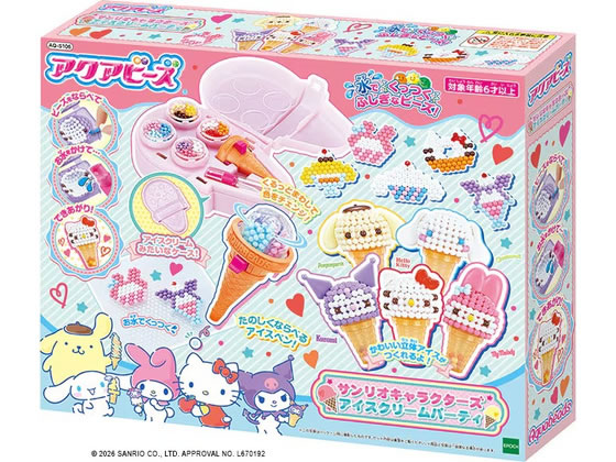 【商品説明】サンリオキャラクターズをイメージしたスイーツや立体のアイス作品がつくれるセットです。専用ツール（ケース・トレイ・ペン・きりふき）つきなのですぐに遊べます。アイストレイを使って立体のアイス作品をつくることができます。つくった作品は水でくっつくデコパーツを使ってアレンジできます。便利なアイスペンは4つのアイスビーズパレットをつけかえることができます。【仕様】●対象年齢：6歳以上（C）2026　SANRIO　CO．　LTD．　APPROVAL　NO．　L656562【備考】※メーカーの都合により、パッケージ・仕様等は予告なく変更になる場合がございます。【検索用キーワード】エポック社　えぽっくしゃ　エポックシャ　EPOCH　アクアビーズサンリオキャラクターズアイスクリームパーティ　アクアビーズ　サンリオキャラクターズ　アイスクリームパーティ　ビーズアート　ビーズ遊び　4905040351562　玩具　おもちゃ　サンリオ　さんりお　SANRIO　ホビー　デジタル玩具　メイキングトイ　R417NU「アクアビーズ」は水でくっつく不思議なビーズ！カラフルビーズでお絵かきしよう♪