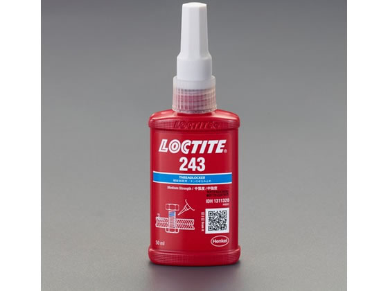 【仕様】●メーカー…LOCTITE（ロックタイト）　●型番…1311320　●商品名…243　●内容量…50ml　●色…青　●使用温度…−55〜180℃　●硬化時間…13分　※完全硬化時間とは異なります。　●脱出トルク…5Nm　（M10鋼ボルト・ナットを使用し、ISO10964に基づき試験）　●粘度…2150．0mPa・s　●嫌気性接着剤　●中粘度、中接着　●M6〜M20のボルトに　●ナットおよびボルトをシーリングして固定します。　●高い耐熱性と油面接着性を有しています。　●一般的な手工具で取り外し、容易に修理や保守が可能です。　●金属接合部で空気の供給を断つことによって硬化し、衝撃、振動によるゆるみや漏れを防止します。　●プライマーを使用することなく、不動態化されたステンレス、アルミニウム、めっき面など、すべての金属に効果を発揮します。　●過剰な洗浄を必要とせず、残存している大半の腐食防止オイルや切削液に対し、製品が浸透し、硬化いたします。【備考】※メーカーの都合により、パッケージ・仕様等は予告なく変更になる場合がございます。【検索用キーワード】エスコ　えすこ　ESCO　Esco　粘着テープ　接着剤　塗料　マーカー　グリース　潤滑剤　接着剤　はめあい接着ねじゆる止め剤（ヘンケル）　ねじ緩み止め剤　ねじゆるみ止め剤　50mlねじゆるみ止め剤（中強度・中粘度）　50ml　ねじゆるみ止め剤（中強度・中粘度）　EA933AC−5　EA933AC5　潤滑・接着・補修・溶接用品　接着剤・補修材　LOCTITE　ロックタイト　ろっくたいと　R665NR
