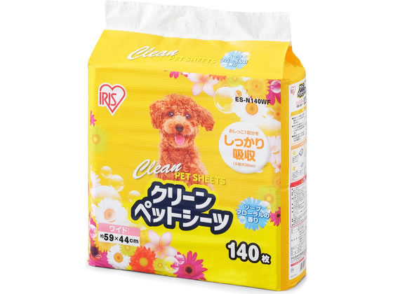 【商品説明】安心の吸収力で、おしっこ1回分をしっかり吸収します。抗菌・高吸収ポリマーと100％綿状パルプを使用しているので、おしっこの広がりや逆戻り、臭いを抑えます。【仕様】●シートサイズ：約590×440mm●シート重量：約22．79g●枚数：140枚入【備考】※メーカーの都合により、パッケージ・仕様等は予告なく変更になる場合がございます。【検索用キーワード】アイリスオーヤマ　IRIS　OHYAMA　香り付きクリーンペットシーツ　ペットシーツ　ワイド　140枚　ソープフローラル　香り付き　吸収力　抗菌　高吸収ポリマー　綿状パルプ　590×440mm　22．79g　おしっこ吸収　臭い抑制　ペット用品　トイレタリー　共通トイレ用品　ペット用品　トイレタリー　共通トイレ用品　R433NYソープフローラルの香り付きシーツです。