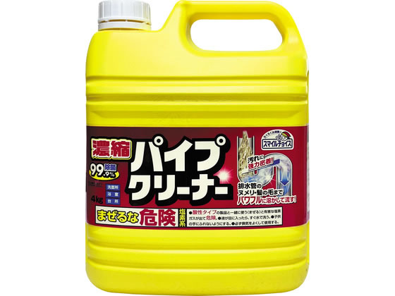 【商品説明】●洗面台・浴室・台所の排水管のヌメリ、髪の毛を溶かして流します。●ニオイ・つまりをしっかり予防。●粘りのある液体で汚れをじっくり溶かす。※パイプの材質は傷めません。●月に一度のご使用でニオイ・つまりをしっかり予防。●液性…アルカリ性。●使用後折りたたんで小さく廃棄できるボトルです。【仕様】［使用上の注意］●必ずご使用前に用途、使い方と使用上の注意をよくお読みください。●酸性タイプの製品と一緒に使う（まぜる）と有害な塩素ガスが出て危険。●液が目に入ったら、すぐ水で洗う。●子供の手にふれないようにする。●必ず換気をよくして使用する。●用途以外に使わない。●体調のすぐれない方は使用しない。●子供や認知症の方などの誤飲を防ぐため、置き場所に注意する。●他の洗剤などと併用しない。●固形の排水口洗浄剤、酸性タイプの製品、食酢、アルコールと混ざらないようにする。有害なガスが発生して危険。●炊事用などの手袋を使用する。●液が目や皮ふ、衣料につかないように注意する。●容器の側面を強く持ってキャップを開けると液が飛び出すおそれがあるので注意する。●獣毛製のハケやブラシは使用しない。●タイルの一部には変色するものがあるので目立たないところで少量を試してから使用する。●衣料や敷物・たたみ、木製品などにつくと脱色するので注意する。●熱湯で流さない。●直射日光を避け、高温の所に置かない。●アルミ・銅・ホーロー・真ちゅうなどの金属製品、衣類や敷物、木製品は、変色するので注意する。●使用後はしっかりとキャップを閉めて保管する。［応急処置］●目に入ったとき（痛みがなくても）、目に異常を感じたときは、そのまま放置すると失明のおそれがあるので、こすらずすぐ流水で15分以上洗い流す。コンタクトレンズを使用している場合ははずして洗眼する。その後すぐに眼科医に受診する。●飲み込んだときは吐かずにすぐ口をすすぎ、コップ1〜2杯の水か牛乳を飲むなどの処置をする。●皮ふについてときはすぐヌメリがなくなるまで水で洗う。●目にしみたりせきこんだり気分が悪くなったら、使用をやめその場を離れ洗眼・うがいなどをする。※いずれの場合も異常があるときは商品を持参し医師に相談する。［使い方］●（1）原液を排水パイプに注ぎ、15〜30分放置する。●（2）その後必ず、十分な水を流す。※飛沫が飛ぶことがあるので、プラシなどは使用しない。［使用量の目安］●つまりの予防・ニオイの消臭…　80g●つまりの解消…240g〜400、水酸化ナトリウム（2％）、次亜塩素酸塩、界面活性剤（アルキルアミンオキシド）【備考】※メーカーの都合により、パッケージ・仕様等は予告なく変更になる場合がございます。【検索用キーワード】ミツエイ　みつえい　ミツエイ　スマイルチョイス　スマイルチョイス　濃縮パイプクリーナー　濃縮パイプクリーナー　浴室　洗面所　台所　排水管　排水口　4kg　4KG　4000g　本体　ホンタイ　ホンタイ　1本　個　1本　パイプクリーナー　排水口洗浄剤　つまり予防　ぬめり除去　消臭　洗剤　キッチン、厨房用洗剤　R771PF「浴室・洗面所・台所」の排水管のヌメリ、ニオイつまりをすっきり解消。