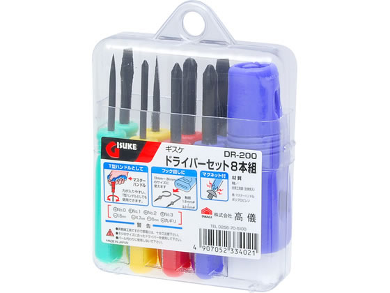 【商品説明】力が入りやすい、T型ハンドルとしても使用できますフック回しに（13mm〜24mmのサイズに）軸径φ1．8mm〜φ3．2mmビスが落ちない！マグネット付【仕様】●［セット内容］ドライバー：＋No．0／No．1／No．2／No．3／−1．8／−4．7／−6mm、丸ギリ●軸：S45C●ハンドル／マスターハンドル：PP【備考】※メーカーの都合により、パッケージ・仕様等は予告なく変更になる場合がございます。【検索用キーワード】TAKAGI　タカギ　GISUKE　ジスケ　ドライバーセット　8本組　ドライバー　T型ハンドル　マグネット付　軸径1．8mm　軸径3．2mm　S45C軸　PPハンドル　No0　No1　No2　No3　−1．8mm　−4．7mm　−6mm　丸ギリ　フック回し　ネジ締め　ネジゆるめ　R140PCネジの締めつけ、ゆるめ作業に
