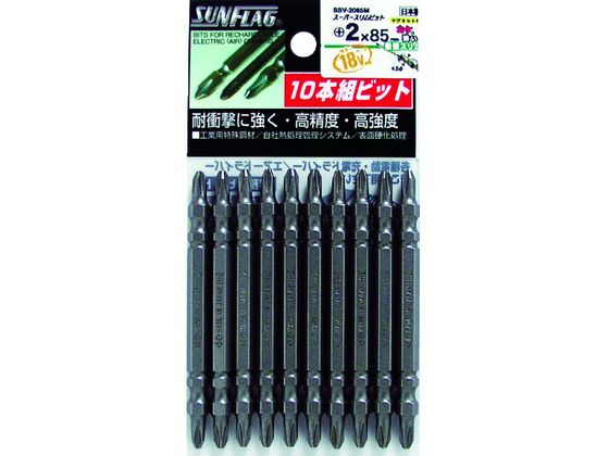 【商品説明】●先端がスリム形状になっており、ねじ頭が見やすく作業効率が大幅にアップします。●芯ブレ精度が高くスムーズなトルク伝達で打ち込みバランスが安定しています。●耐衝撃性に強く先端強度を保持しており、カケにも強いです。【仕様】●型番：SSV-2085M●入数：10本●刃先：［［＋］］2●全長（mm）：85●硬さ：H●先端：マグネット入り●特殊鋼【備考】※メーカーの都合により、パッケージ・仕様等は予告なく変更になる場合がございます。【検索用キーワード】サンフラッグスーパースリムビット＃2×85mm1Pk袋＝10本入　サンフラッグスーパースリムビット＃2X85mm1パックフクロ＝10ポンイリ　サンフラッグ電動工具　SSV2085M　電動工具　油圧工具　空圧工具　ドライバービット　両頭ビット　両頭ドライバービット　4906842111309　3961486　サンフラッグ　スーパースリムビット　＃2×85mm　（1Pk（袋）＝10本入）　SSV−2085M　RPUP_02　R095AW建築・内装・電設・車両・建具・家具など、様々な場面で使用して頂けます。