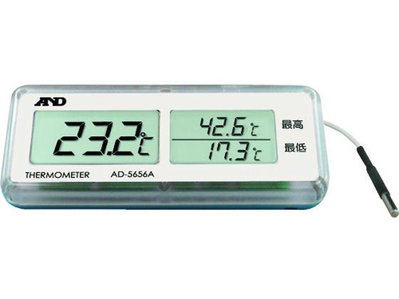 【仕様】●型番：AD5656A●測定温度範囲（℃）：−40〜69．9　●温度最小表示（℃）：0．1　●電源：コイン型リチウム電池（CR2032）×1個（付属）　●温度センサー：サーミスタ●保護等級：IP67　●幅×奥行×高さ：104×15×41mm　●センサーケーブル長：約1m●金属部材質：ステンレス【備考】※メーカーの都合により、パッケージ・仕様等は予告なく変更になる場合がございます。【検索用キーワード】A＆D最高最低温度計　エーアンドデイサイコウサイテイオンドケイ　A＆D計測機器　AD5656A　測定用品　計測用品　環境計測機器　温度計湿度計　温度計　4981046444620　4080181　A＆D　最高最低温度計　AD5656A　RPUP_02　R520DD