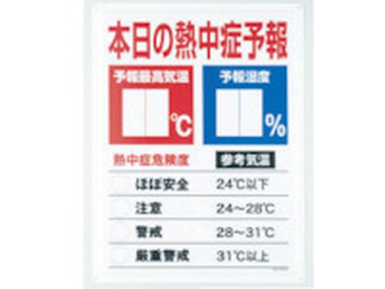 【商品説明】●デジタル数字板を使った、オールインワンの熱中症予報掲示標識です。【仕様】●型番：HO-185●入数：1S●表示内容：本日の熱中症予報　●取付仕様：穴4ヵ所　●厚さ（mm）：0．5　●本体寸法（mm）：600×450×0．5厚　●摘要：穴4スミ●厚さ：0．5mm　●デジタル数字板寸法（mm）：100×48●鉄板（明治山）●デジタル数字板×4枚1組　●赤丸マグネット×1枚●商品は本来の使用用途以外では使用しないでください。●付属商品に関しては記載の取扱注意事項を遵守してください。●商品は本来の使用用途以外では使用しないで下さい。本来の使用用途以外で生じた損害につきましても、当社は一切責任を負いません。●季節限定販売の為、在庫が無くなり次第完売となる場合がございます。また、ご返品に関しては6月末以降はお受けできません。予めご了承ください。【備考】※メーカーの都合により、パッケージ・仕様等は予告なく変更になる場合がございます。【検索用キーワード】ユニット熱中症予報板　ユニットネッチュウショウヨホウバン　ユニット安全標識　HO185　環境改善用品　暑さ対策用品　熱中症対策用品　熱中症対策標識　4582183905168　4519442　ユニット　熱中症予報板　HO−185　R655FW熱中症対策に。熱中症の注意喚起に最適です。