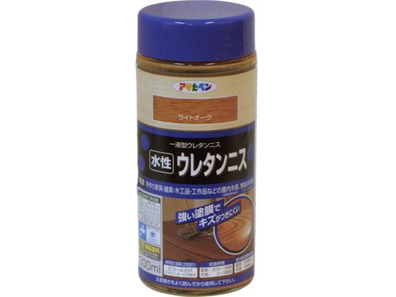 【商品説明】●家具、建具、木工品、工作品などの屋内木部に。屋内無垢木材床に（フローリングは除く）。●着色と美しいツヤだしが同時にでき、木目を生かした高光沢なツヤに仕上がります。●塗膜は肉持ち感が良く、耐久性に優れています。●臭いが少なく、塗りやすい水性タイプです。●建築基準法（F☆☆☆☆）対応塗料です。【仕様】●型番：447630●色：ライトオーク　●容量（L）：0．3　●乾燥時間：夏期／30〜60分・冬期／2〜3時間　●指触乾燥時間：2〜6　●塗り重ね可能時間：2〜6　●塗り重ね回数：2　●塗布面積（［［M2］］）：2．3〜4．2●塗布面積：2．3〜4．2［［M2］］（2回塗り）●水性アクリルウレタン樹脂【備考】※メーカーの都合により、パッケージ・仕様等は予告なく変更になる場合がございます。【検索用キーワード】アサヒペン水性ウレタンニス300MLライトオーク　アサヒペンスイセイウレタンニス300MLライトオーク　アサヒペン塗料　447630　工事用品　照明用品　塗装内装用品　塗料　建物用塗料水性　4970925447630　1247217　アサヒペン　水性ウレタンニス　300ML　ライトオーク　447630　R2597T