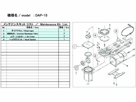 【商品説明】●ダイアフラム型ドライ真空ポンプのメンテナンスに必要な消耗品を揃えたセットです。●修理時に通常交換するダイアフラム、吸排気弁などの部品セットです。【仕様】●型番：DAP-15 MAINTENANCEKIT●適合機種：DAP−15●ダイアフラム×1、吸排気弁×2、エアーフィルタ×2、ヘッドガスケット×1【備考】※メーカーの都合により、パッケージ・仕様等は予告なく変更になる場合がございます。【検索用キーワード】ULVACDAP−15用メンテナンスキット　アルバックDAP−15ヨウメンテナンスキット　ULVACパーツ4　DAP15MAINTENANCEKIT　工事用品　照明用品　ポンプ　真空ポンプ　真空ポンプ用パーツ　4571133308395　1486873　ULVAC　DAP−15用メンテナンスキット　DAP−15　MAINTENANCEKIT　R2948Wお客様ご自身でメンテナンスをされる場合に。