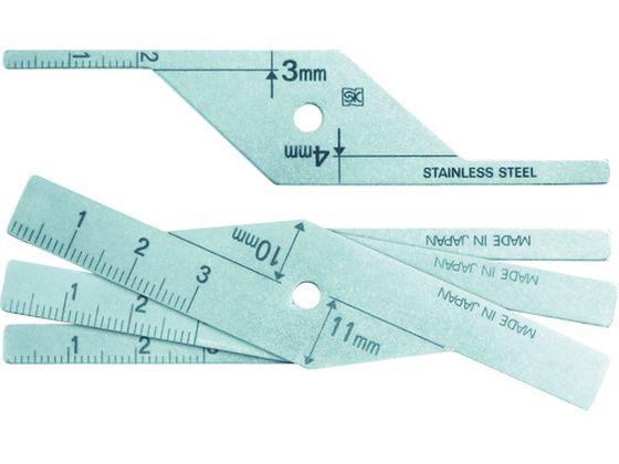 【商品説明】●ルート間隔・突合せ継手ルート間隔測定用に。T継手の開先角度（内側）測定、突合せ継手の開先角度（内角）測定、スミ肉の脚長（高さ）測定及び、のど厚測定に。●ルート間隔・突合せ継手ルート間隔測定用限界ゲージです。●ゲージリーフ4枚セ...