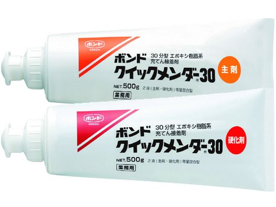 【商品説明】●混合後は30分で硬化が始まり、2時間でほぼ実用強度に達します。●壁面でも垂れにくいペースト状の接着剤です。●充填性に優れています。●日本接着剤工業会 JAIA F☆☆☆☆規格品、JAIA 4VOC基準適合品です。【仕様】●型番：45552●入数：1S●色（主剤／硬化剤）：白／黒●容量（kg）：1 ●硬化時間（23℃）：120分●可使時間（23℃）：30分●チューブタイプ●主成分：エポキシ樹脂【備考】※メーカーの都合により、パッケージ・仕様等は予告なく変更になる場合がございます。【検索用キーワード】コニシボンドクイックメンダー301kgセット　コニシボンドクイックメンダー301kgセット　コニシ補修剤　45552　化学製品　接着剤補修剤　接着剤2液タイプ　エポキシ系接着剤2液タイプ　4901490455522　3748308　コニシ　ボンドクイックメンダー30　1kgセット　45552金属製機械・器具類の短時間接着に。凹凸面・すき間への充填に。