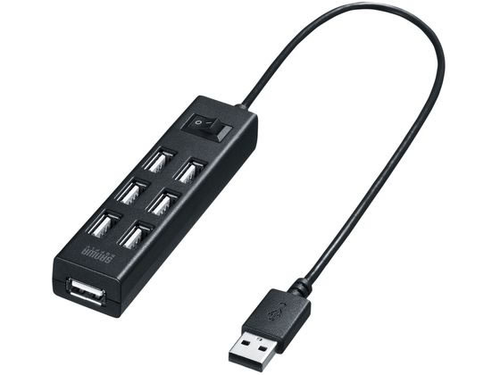 【商品説明】超コンパクトに7ポート装備したUSB2．0　7ポートハブです。全ポートまとめてオン・オフできるスイッチ付です。パソコンに接続し、手元で使用するのにピッタリな30cmケーブル付です。サイドポートを1ポート装備しており大型サイズのUSBコネクタを持った機器を接続しても周りのコネクタに干渉しません。セルフパワー／バスパワー両対応です。【仕様】●カラー：ブラック　●インターフェース規格：USB仕様　Ver2．0準拠（USB　Ver1．1上位互換）　●通信速度：480Mbps／12Mbps／1．5Mbps（理論値）　●コネクタ形状：USB2．0　Aコネクタ　メス×7（ダウンストリーム）、USB2．0　Aコネクタ　オス×1（アップストリーム）　●コネクタ形状（PC接続側）：USB　A　●電源：セルフパワー・バスパワー両対応　●供給電流：最大1900mA（全ポート合計／セルフパワー時）、最大400mA（全ポート合計／バスパワー時）　●ポート数（合計）：7ポート　●サイズ：約W25×D103×H19mm　●重量：約45．5g　●ケーブル長：約30cm　●付属品：取扱説明書、ACアダプタ（DC5V　2．0A　ケーブル長／約1．5m）●PSEマーク取得済【備考】※メーカーの都合により、パッケージ・仕様等は予告なく変更になる場合がございます。【検索用キーワード】さんわさぷらい　SANWASUPPLY　USB2．0ハブ　7ポート　ブラック　ハブ　はぶ　USB−2H702BKN　USB2H702BKN　有線　USB　ブラック　黒　くろ　クロ　black　BLACK　windows　Mac　PC周辺機器　ネットワーク機器　R4823Bスイッチ付でオン・オフを一括管理！超コンパクトな7ポートUSBハブ。