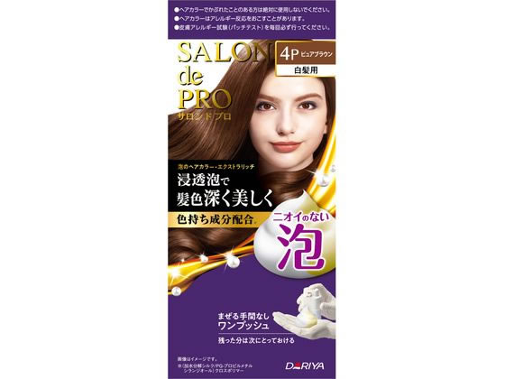 【商品説明】ニオイがなく、自分も周りも快適な泡タイプの白髪染めです。色持ち成分を配合した「浸透泡」が染料を素早く毛髪に届け、美しい髪色に仕上げます。まぜる手間のないワンプッシュ容器で簡単。残った分は次にとっておけます。【仕様】●内容量：1剤50g＋2剤50g生産国：日本商品区分：医薬部外品メーカー：株式会社ダリヤ広告文責：フォーレスト株式会社　0120-40-4016【備考】※メーカーの都合により、パッケージ・仕様等は予告なく変更になる場合がございます。【検索用キーワード】ダリヤ　ダリヤ　DARIYA　サロンドプロ　サロンドプロ　SARONDOPURO　泡　アワ　AWA　白髪用　シラガヨウ　SHIRAGAYO　ピュアブラウン　ピュアブラウン　PYUABURAUN　カラーリング　ヘアカラーケア　ヘアケア用品　レディース　女性用　白髪染め　だりや　さろんどぷろ　HAIRCOLOR　全体染め　1個　髪染め　毛染め　家庭用品＆日用雑貨　白髪用ヘアカラー　泡タイプ　サロンドプロ　泡のヘアカラーEX（白髪用）4P　サロンドプロ泡のヘアカラーEX（白髪用）4P　1個　ヘアケア　ヘアカラー　RPUP_02　RJ8371泡タイプの白髪染め。まぜる手間のないワンプッシュ容器で簡単。